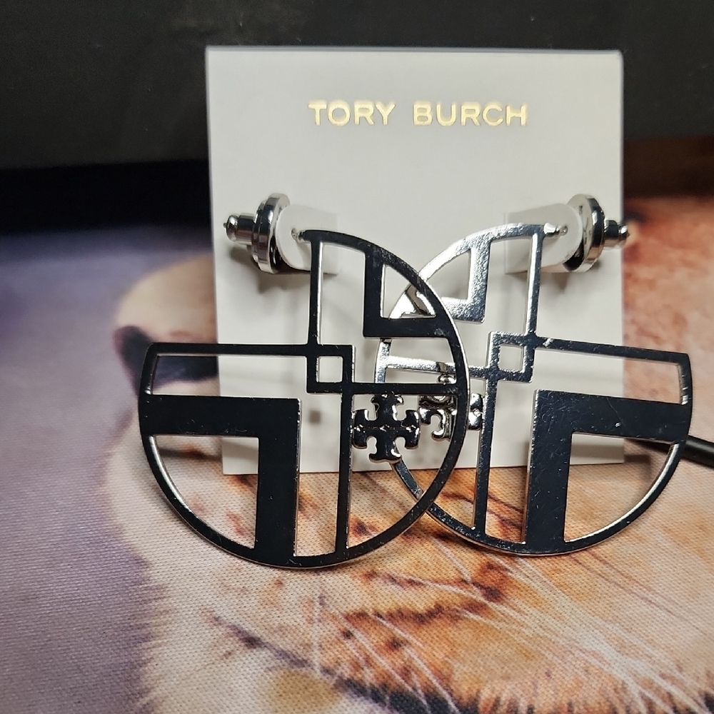 Tory Burch Black and Silver Logo Earrings